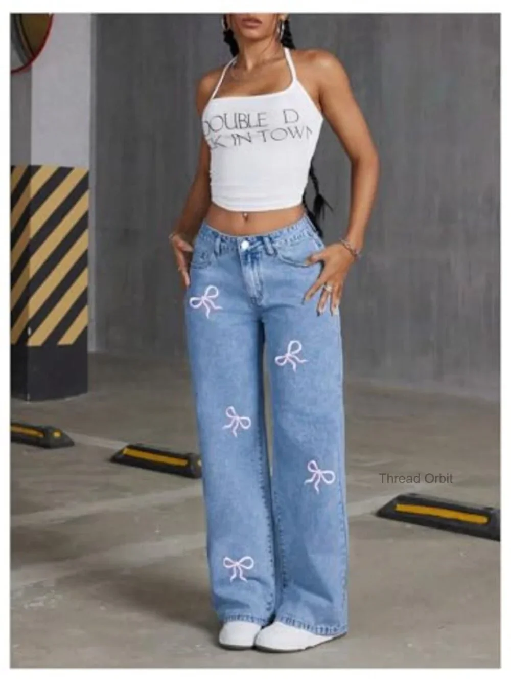Girls Bow Embroidered Baggy Jeans High Waisted Straight Leg Denim Pants
